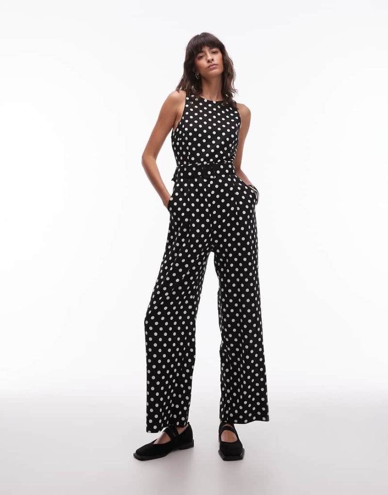 Mango - Straight Fit Jumpsuit in Schwarz mit Polka Dots und Taillengürtel von Mango