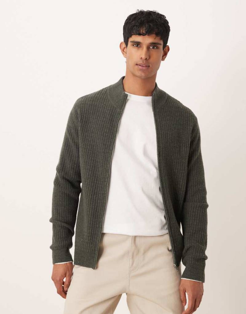 Mango - Strickjacke aus Wollmix in Dunkelgrün mit durchgehendem Reißverschluss von Mango