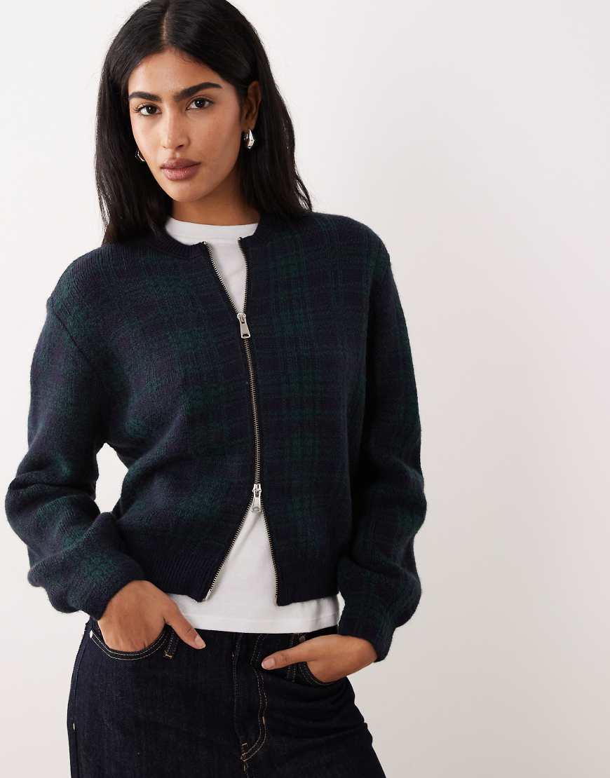 Mango - Strickjacke in grünem Karomuster mit Reißverschluss von Mango