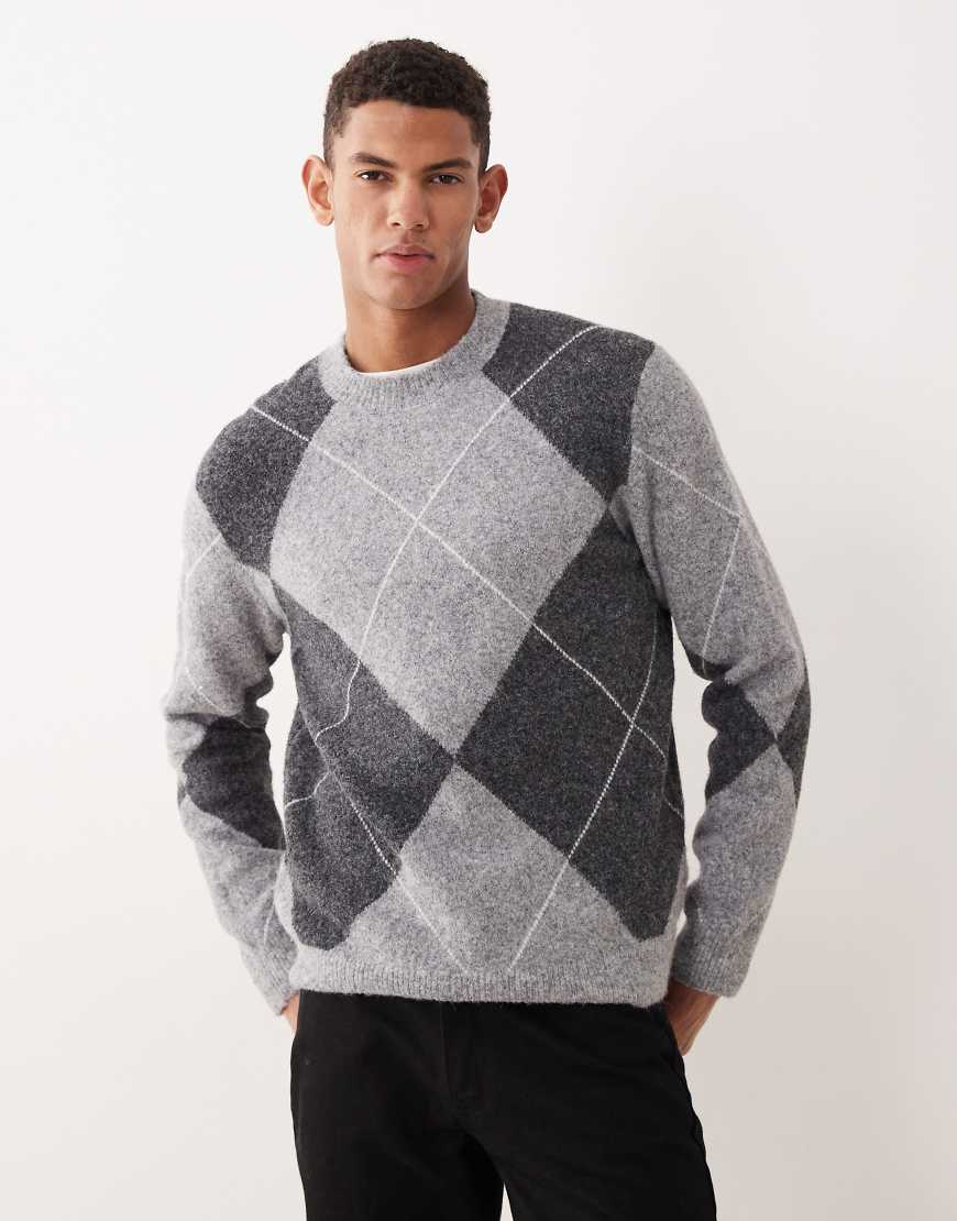Mango - Strickpullover aus Wollmix in Grau mit Argyle-Rautenmuster von Mango