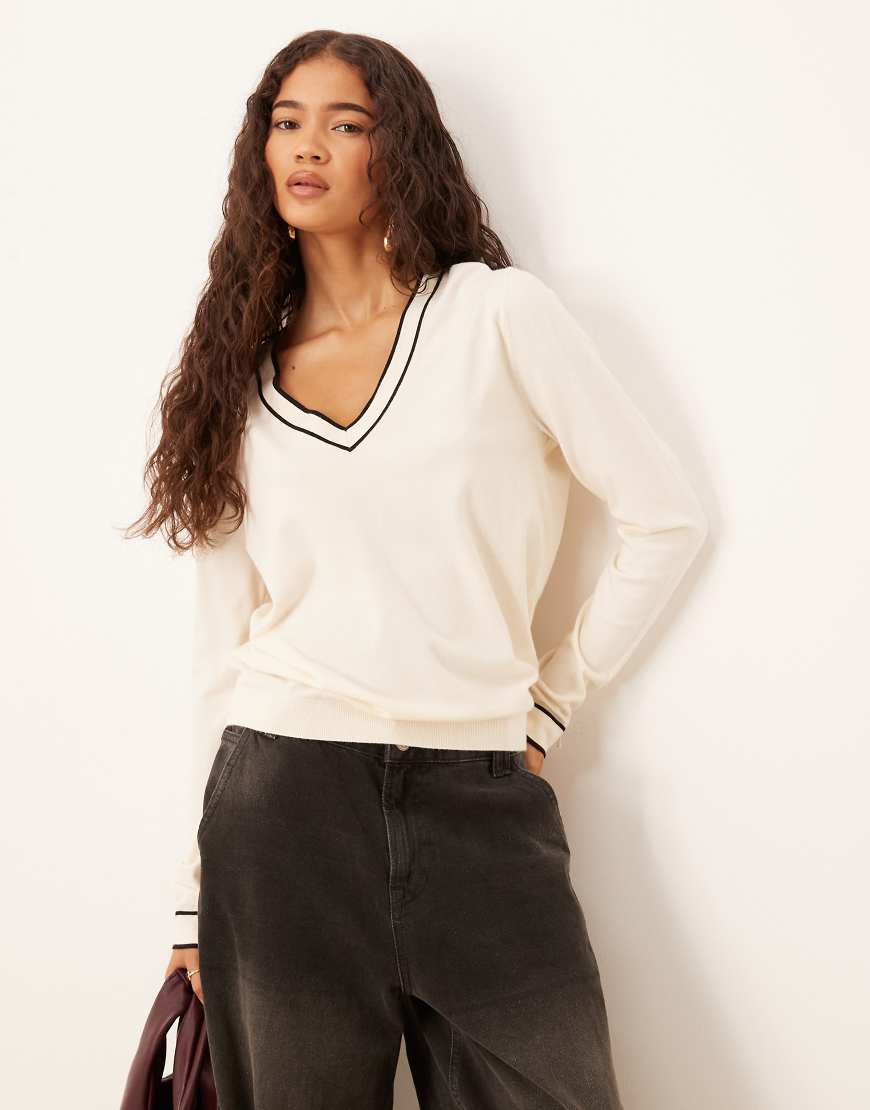 Mango - Strickpullover in Beige mit V-Ausschnitt mit Kontrast-Zierstreifen-Neutral von Mango