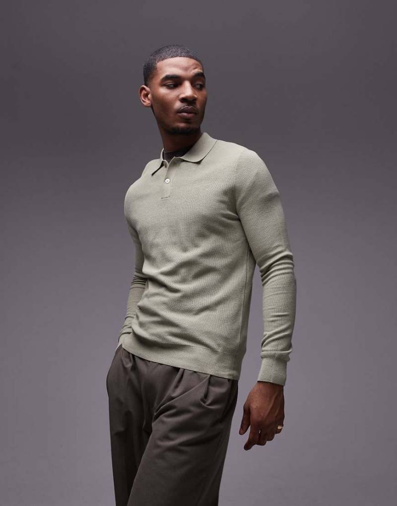 Mango - Strickpullover in Blassgrün mit Knopfleiste und Polokragen von Mango
