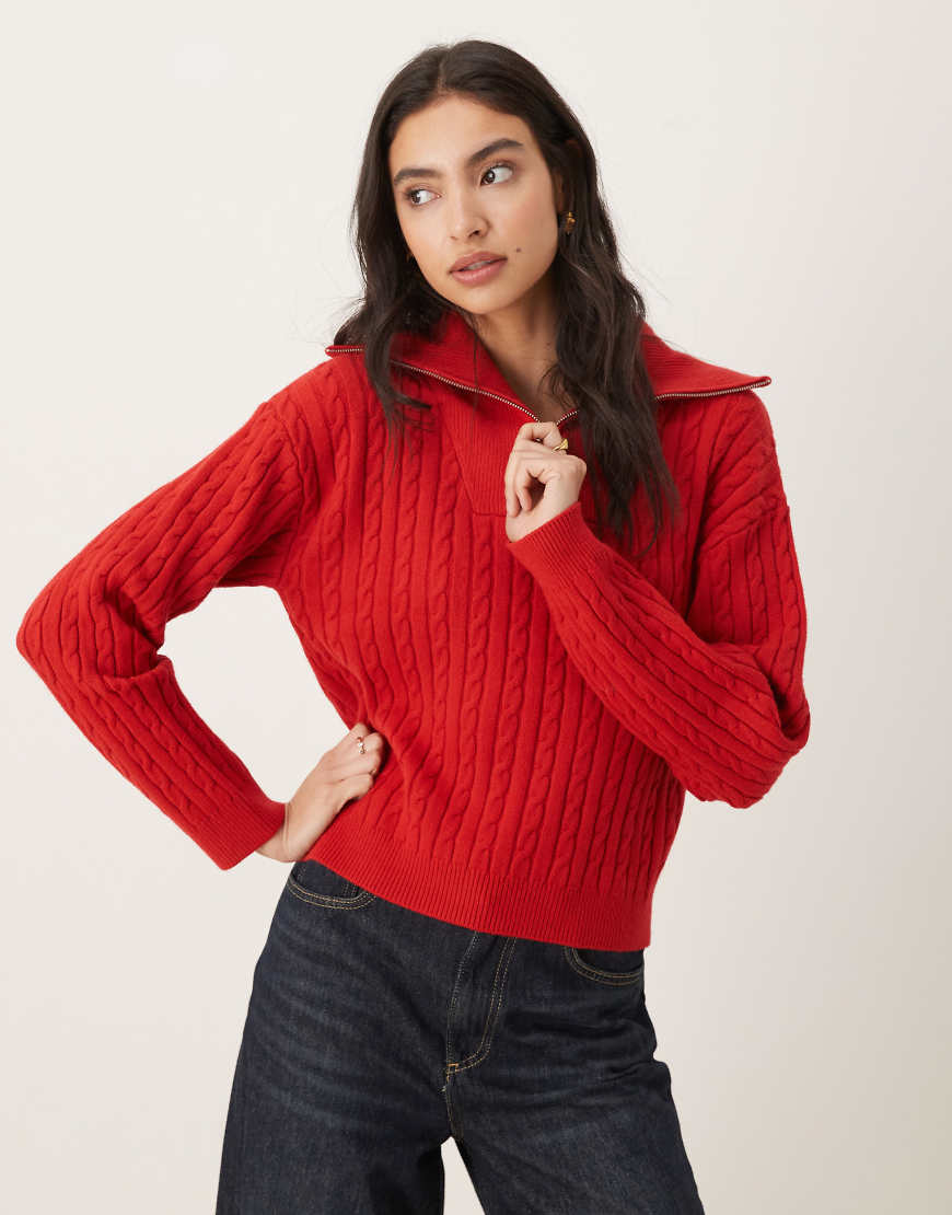 Mango - Strickpullover in Rot mit kurzem Reißverschluss und Zopfmuster von Mango