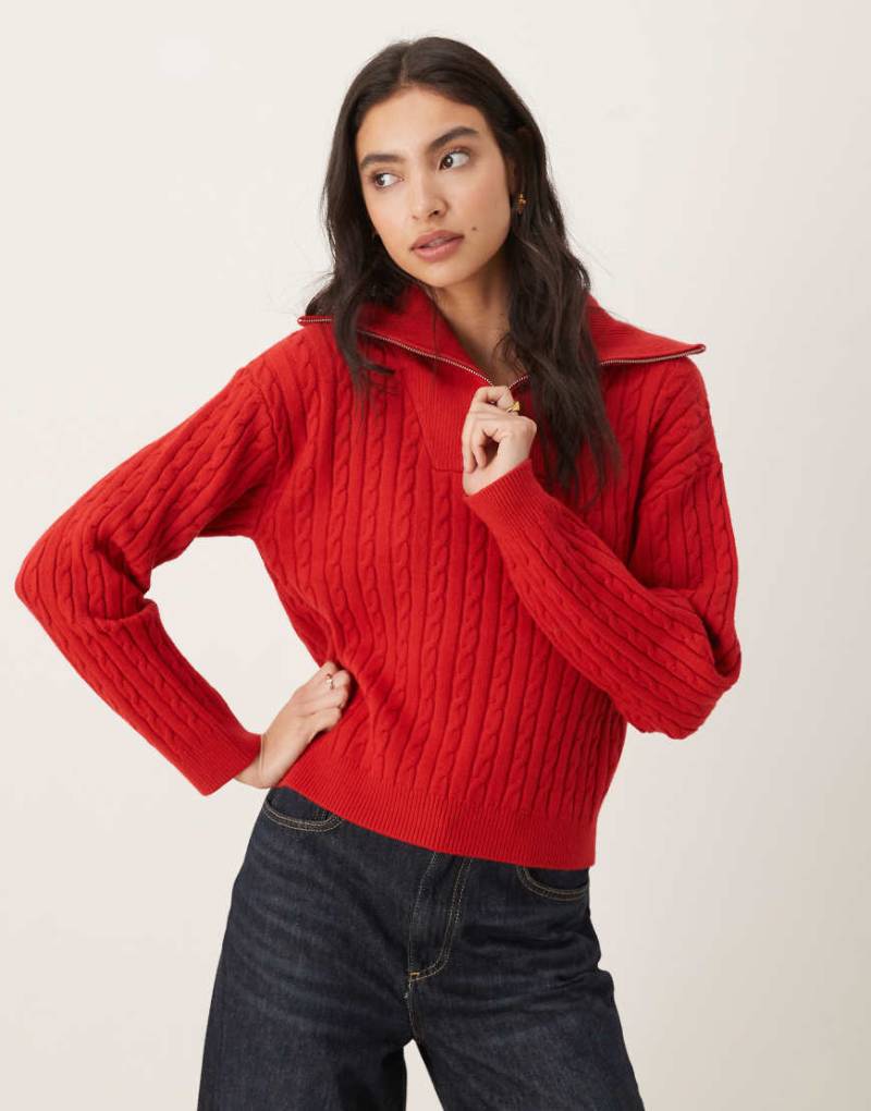 Mango - Strickpullover in Rot mit kurzem Reißverschluss und Zopfmuster von Mango