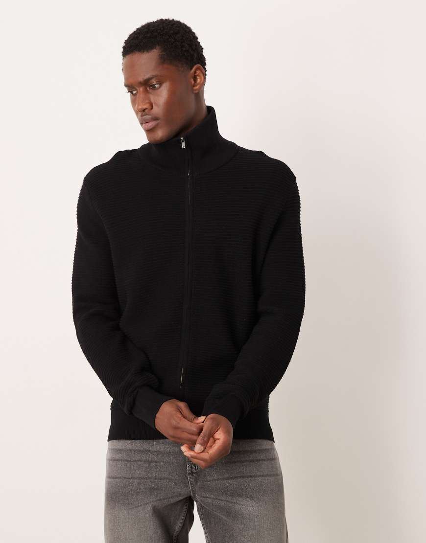 Mango - Strukturierte Strickjacke aus 100% Baumwolle in Schwarz mit durchgehendem Reißverschluss von Mango