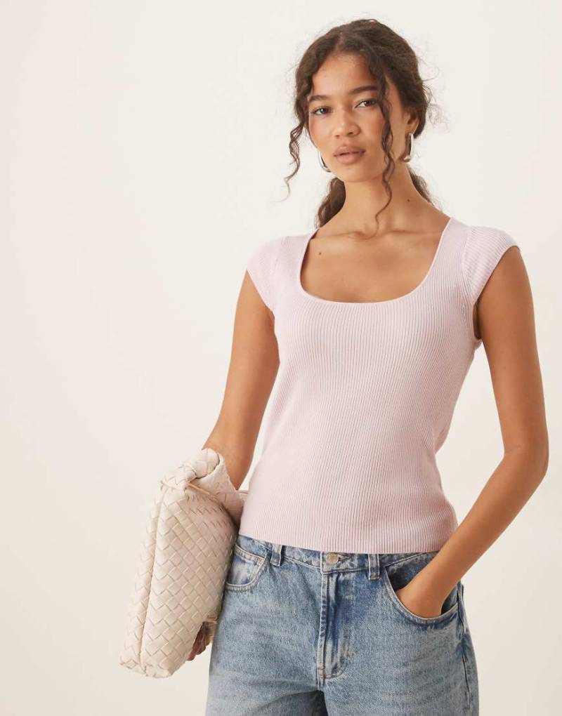 Mango - T-Shirt aus geripptem Feinstrick in Pastellrosa mit Kappärmeln von Mango