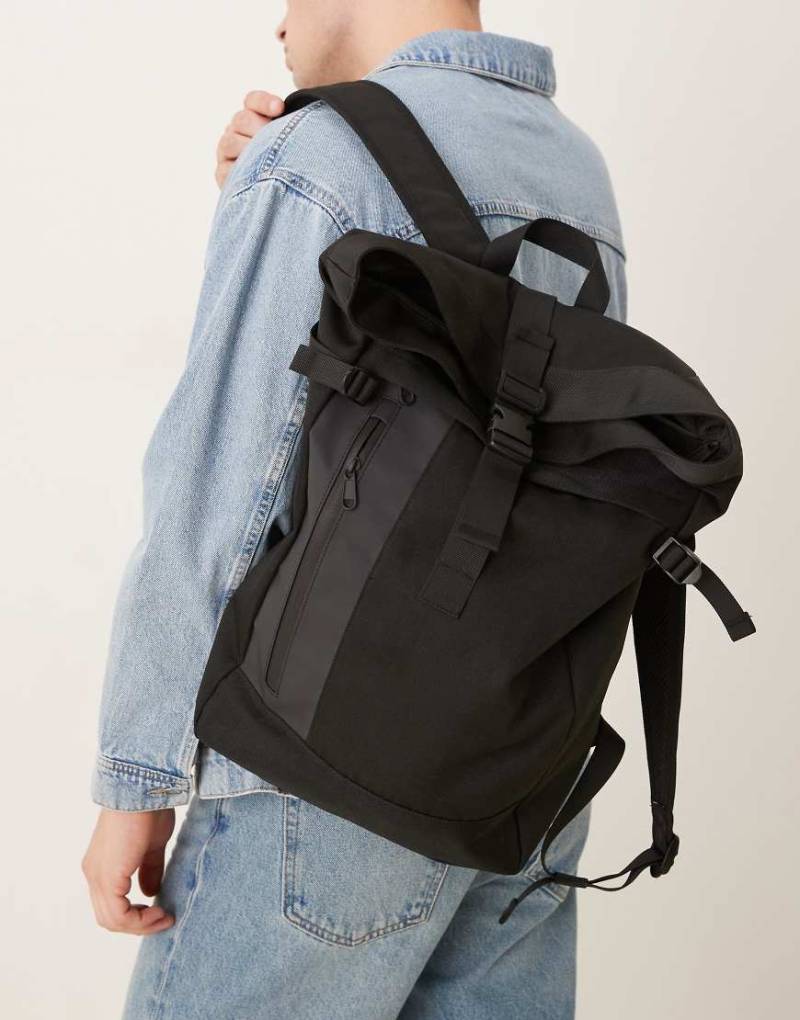 Mango - Tasche in Schwarz mit gerollter Oberseite, mehreren Fächern und Reißverschluss vorn von Mango