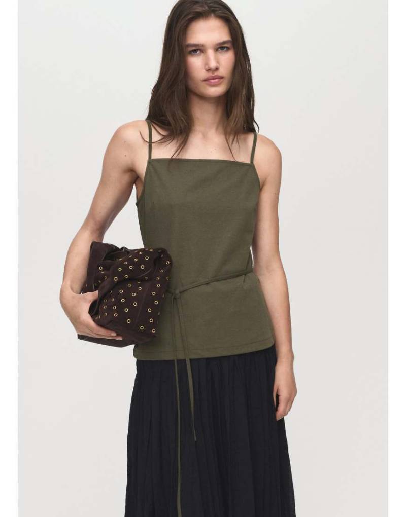 Mango - Träger-Oberteil in Khaki mit eckigem Ausschnitt und Bindegürtel in der Taille, Kombiteil-Grün von Mango