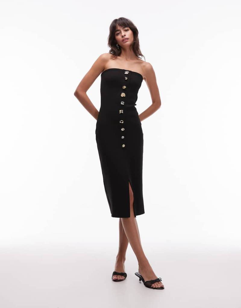 Mango - Trägerloses Midikleid aus kompaktem Strick in Schwarz mit auffälligen Knöpfen von Mango