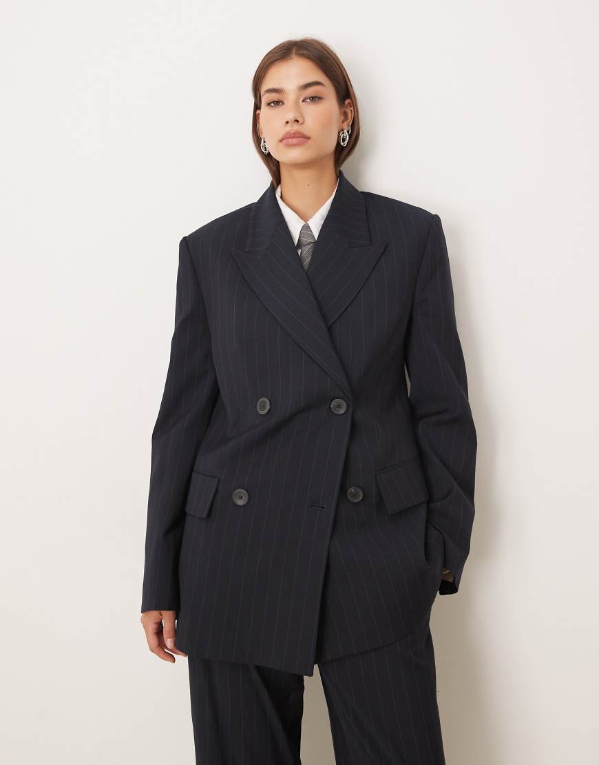 Mango - Varsovia - Eleganter Oversize-Blazer in Marineblau mit Nadelstreifen, Kombiteil von Mango