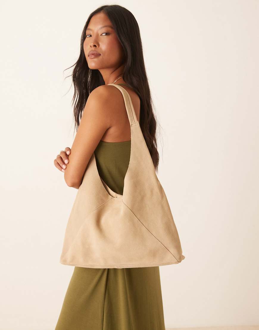 Mango - Weiche Schultertasche aus Wildleder in Hellbeige-Weiß von Mango