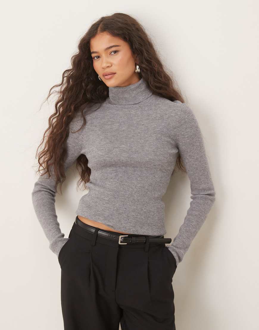Mango - Weicher Strickpullover aus 100% Wolle in Hellgrau mit Rollkragen von Mango