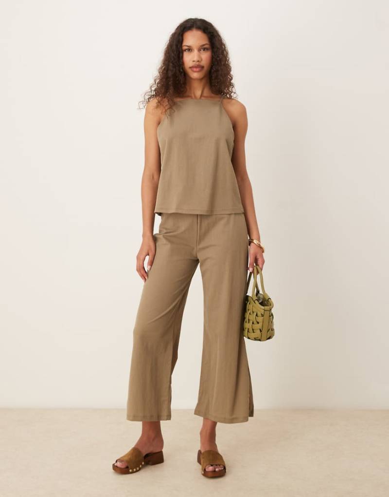 Mango - Weit geschnittene Leinenmix-Hose in Beige mit elastischem Bund, Kombiteil-Neutral von Mango