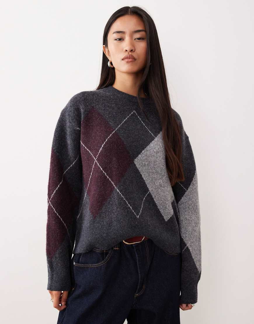 Mango - Wollmix-Pullover in Anthrazit mit Rautenmuster-Grau von Mango