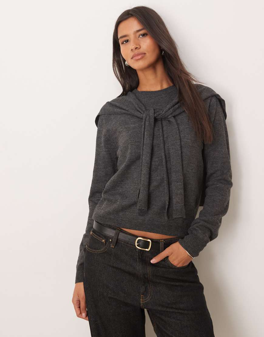 Mango - Wollmix-Pullover in Anthrazit mit abnehmbarem Overlay-Grau von Mango