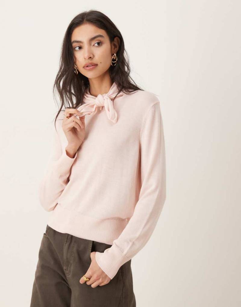 Mango - Wollmix-Pullover in Rosa mit Bindedetail am Ausschnitt von Mango