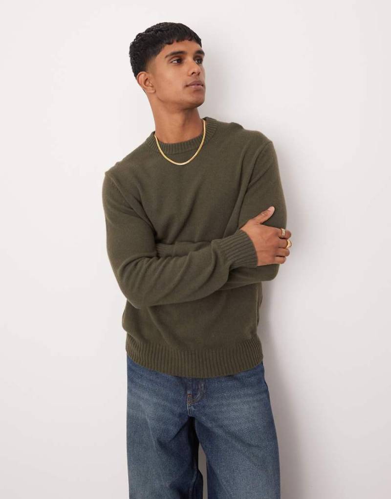 Mango - Wollpullover in Khaki mit normalem Schnitt und Rundhalsausschnitt-Grün von Mango