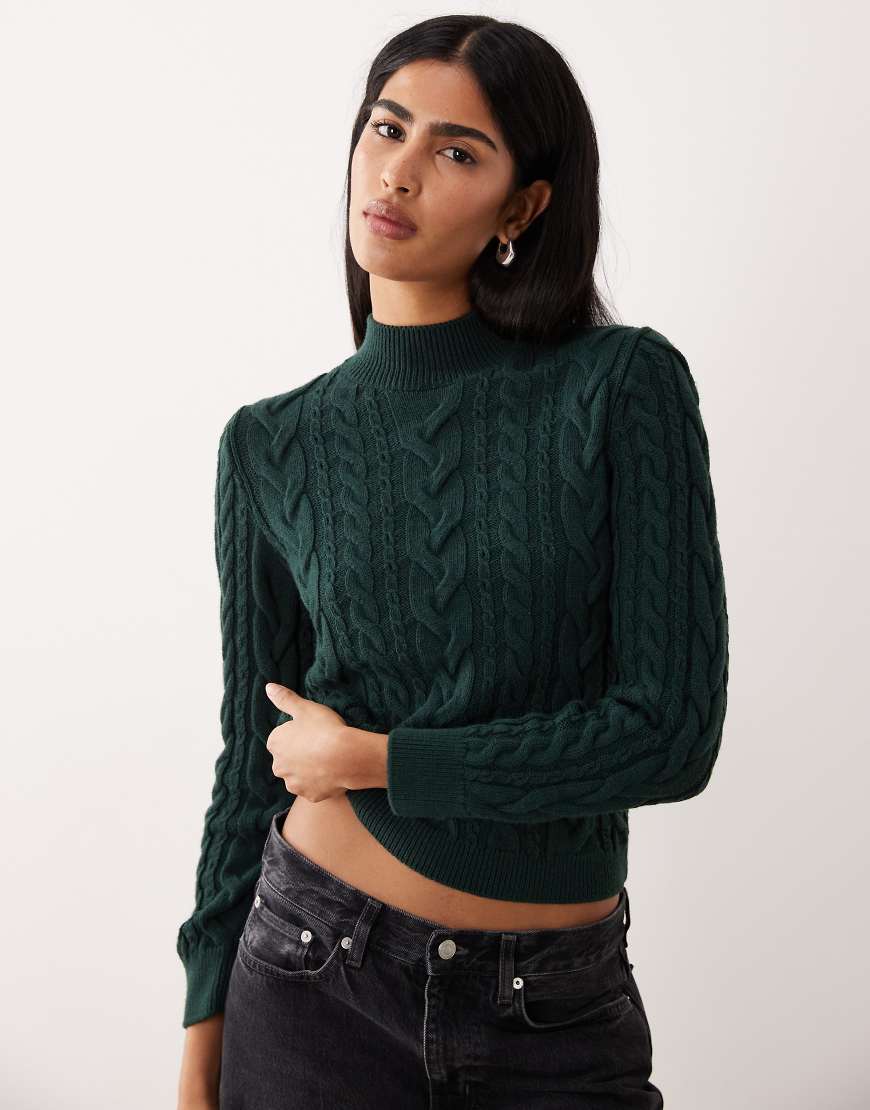 Mango - Zopfstrickpullover in Dunkelgrün mit hohem Kragen von Mango