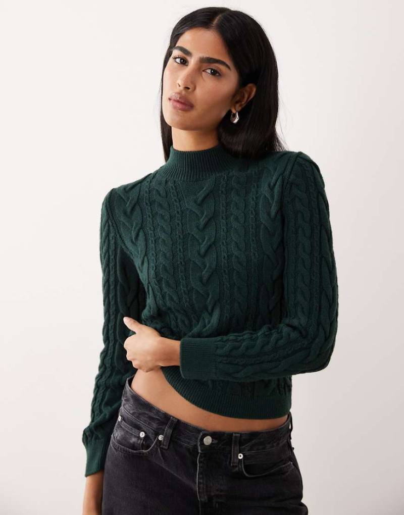 Mango - Zopfstrickpullover in Dunkelgrün mit hohem Kragen von Mango