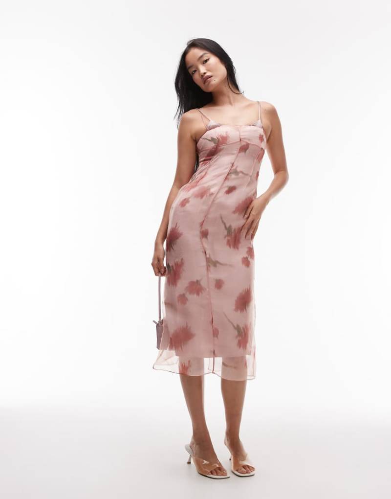 Mango - Zweilagiges Midikleid in Pastellrosa mit V-Ausschnitt von Mango