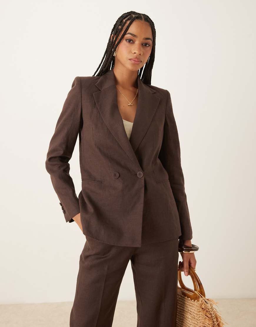 Mango - Zweireihiger Blazer aus Leinen in Schokobraun, Kombiteil von Mango