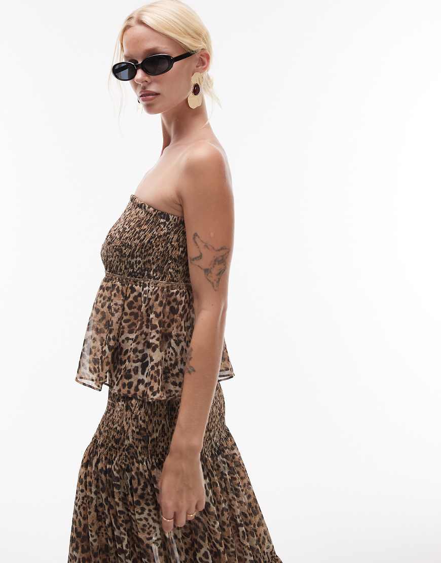 Mango featuring Kaia Gerber - Trägerloses Oberteil mit Rüschen und Leopardenmuster, Kombiteil-Braun von Mango