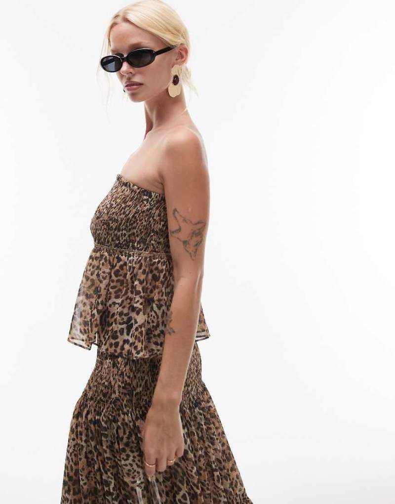 Mango featuring Kaia Gerber - Trägerloses Oberteil mit Rüschen und Leopardenmuster, Kombiteil-Braun von Mango