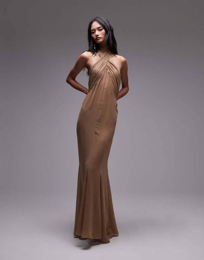 Mango x Supriya Lele - Maxikleid aus Chiffon in Karamell mit gerafftem Oberteil-Braun von Mango