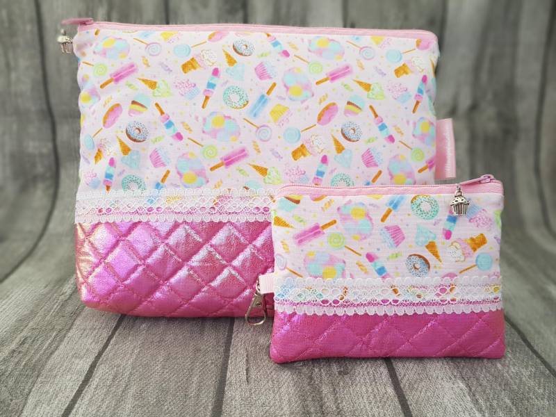 Kosmetiktasche & Schlüsselanhänger Candy Süßes Bonbon Rosa Etui Mini Geldbörse Kulturtasche Schminktasche Spitze Neu Handmade Geschenkset von Mangofuesschen