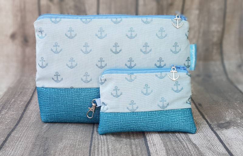 Kosmetiktasche & Schlüsselanhänger Set Anker Maritim Blau Glitzer Etui Kulturtasche Kunstleder Schlüsseltasche Neu Handmade Mini Geldbörse von Mangofuesschen
