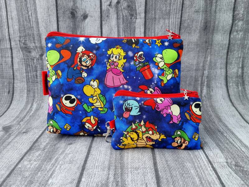 Kosmetiktasche & Schlüsselanhänger Set Super Mario Brothers Mini Gelbörse Yoshi Luigi Peach Games Wario Pilze Kult Handmade Comic Geschenk von Mangofuesschen
