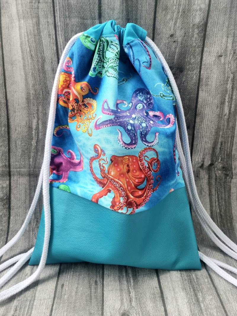 Rucksack Krake Oktopus Tentakeln Blau Türkis Turnbeutel Bunt Beutel Tasche Jutesack Kunstleder Mit Kordelzug Geschenkidee Zoo Meerestiere von Mangofuesschen