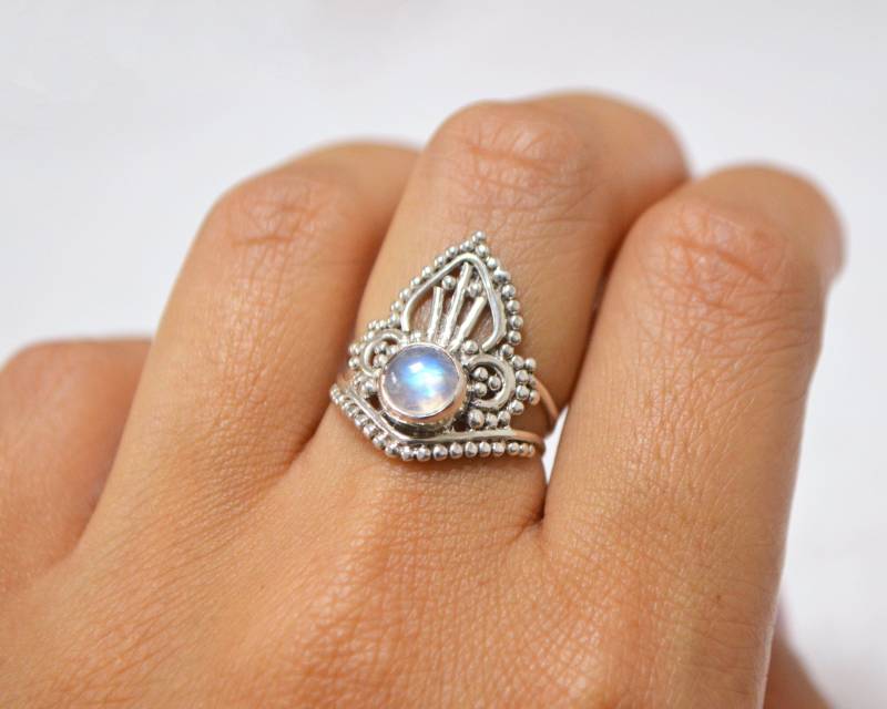Mondstein Boho Tiara Ring 925 Sterling Silber & Natürlicher Regenbogen Kristall von MangosteenDreams