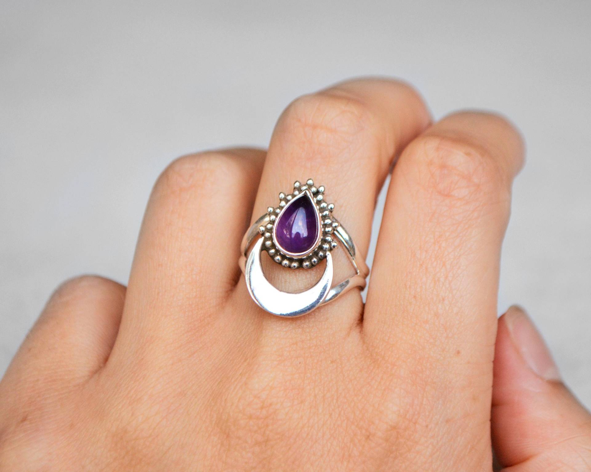Tropfen Amethyst Halbmond Doppelbandring 925 Sterling Silber von MangosteenDreams