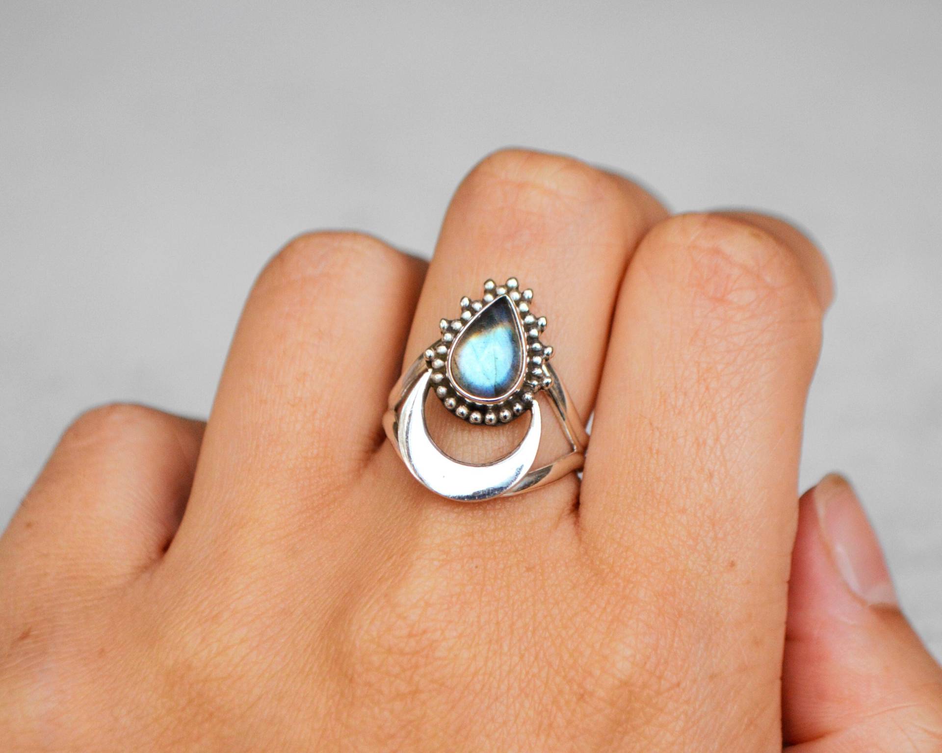 Tropfen Labradorit Halbmond Doppelbandring 925 Sterling Silber von MangosteenDreams