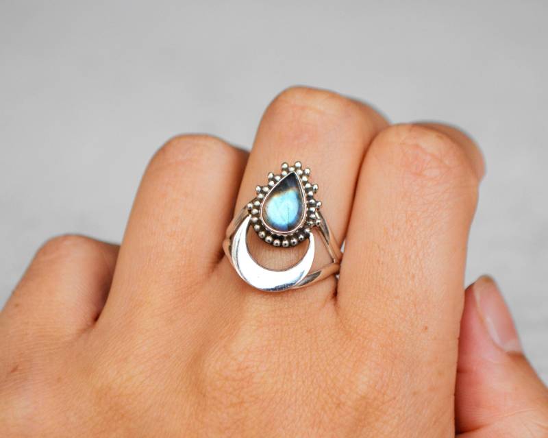 Tropfen Labradorit Halbmond Doppelbandring 925 Sterling Silber von MangosteenDreams