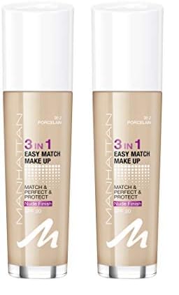 Manhattan 3in1 Easy Match Make Up, ölfreie Foundation für einen makellosen Teint, Farbe 30.2 porcelain, 30ml (Packung mit 2) von Manhattan