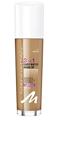 Manhattan 3in1 Easy Match Make-up, Flüssig Foundation für dunkle Haut mit LSF 20, Farbe Mocha 41, 1 x 30ml von Manhattan