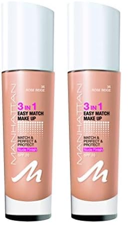 Manhattan 3in1 Easy Match Make-up, Flüssig Foundation für gebräunte Haut mit LSF 20, Farbe Rose Beige 36, 1 x 30ml (Packung mit 2) von Manhattan