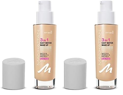 Manhattan 3in1 Easy Match Make-up, Flüssig Foundation für helle Haut mit LSF 20, Farbe Soft Beige 34, 1 x 30ml (Packung mit 2) von Manhattan