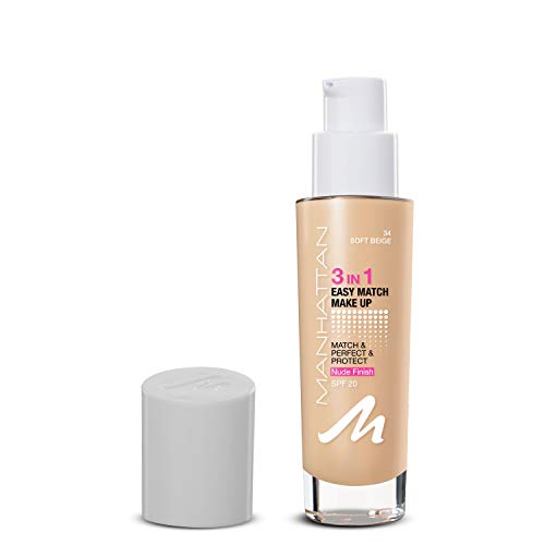 Manhattan 3in1 Easy Match Make-up, Flüssig Foundation für helle Haut mit LSF 20, Farbe Soft Beige 34, 1 x 30ml von Manhattan