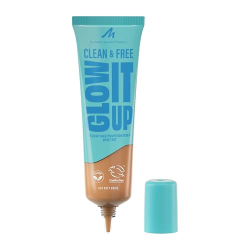 Manhattan Clean & Free Glow It Up Skin Tint, feuchtigkeitsspendender Skin Tint mit leichter, aufbaubarer Deckkraft für einen gesunden Glow, beruhigt sensible Haut, 30 ml, 034 Soft Beige von Manhattan
