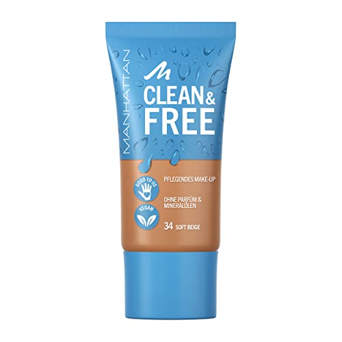 Manhattan Clean & Free Skin Tint Fb. 34 Soft Beige, feuchtigkeitsspendendes Make-up, vegan, 30 ml von Manhattan