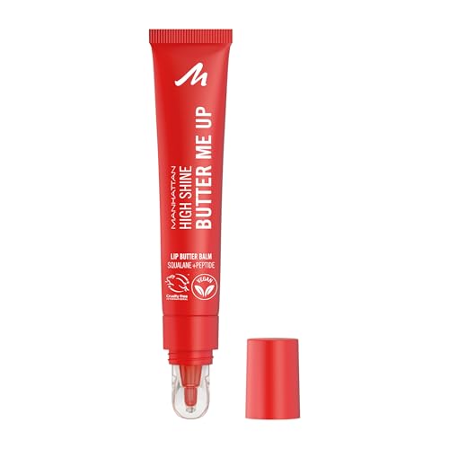 Manhattan High Shine Butter Me Up Lip Butter Balm, getönter, ultra-feuchtigkeitsspendender Lippenbalsam mit glossy Finish, vegane Formel, Vanilleduft, 15 ml, Fb. 005 Red Velvet von Manhattan