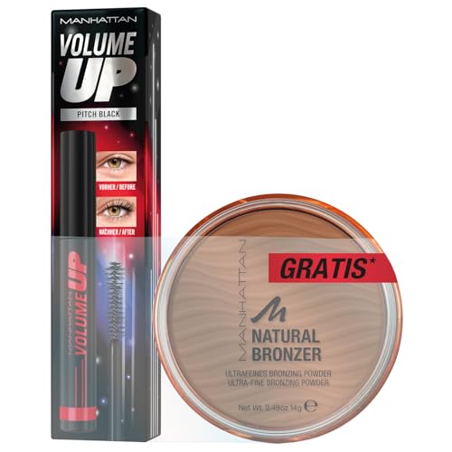 Manhattan Volume Up 004 Pitch Black, tiefschwarze Volumenmascara mit gratis Bronzer von Manhattan