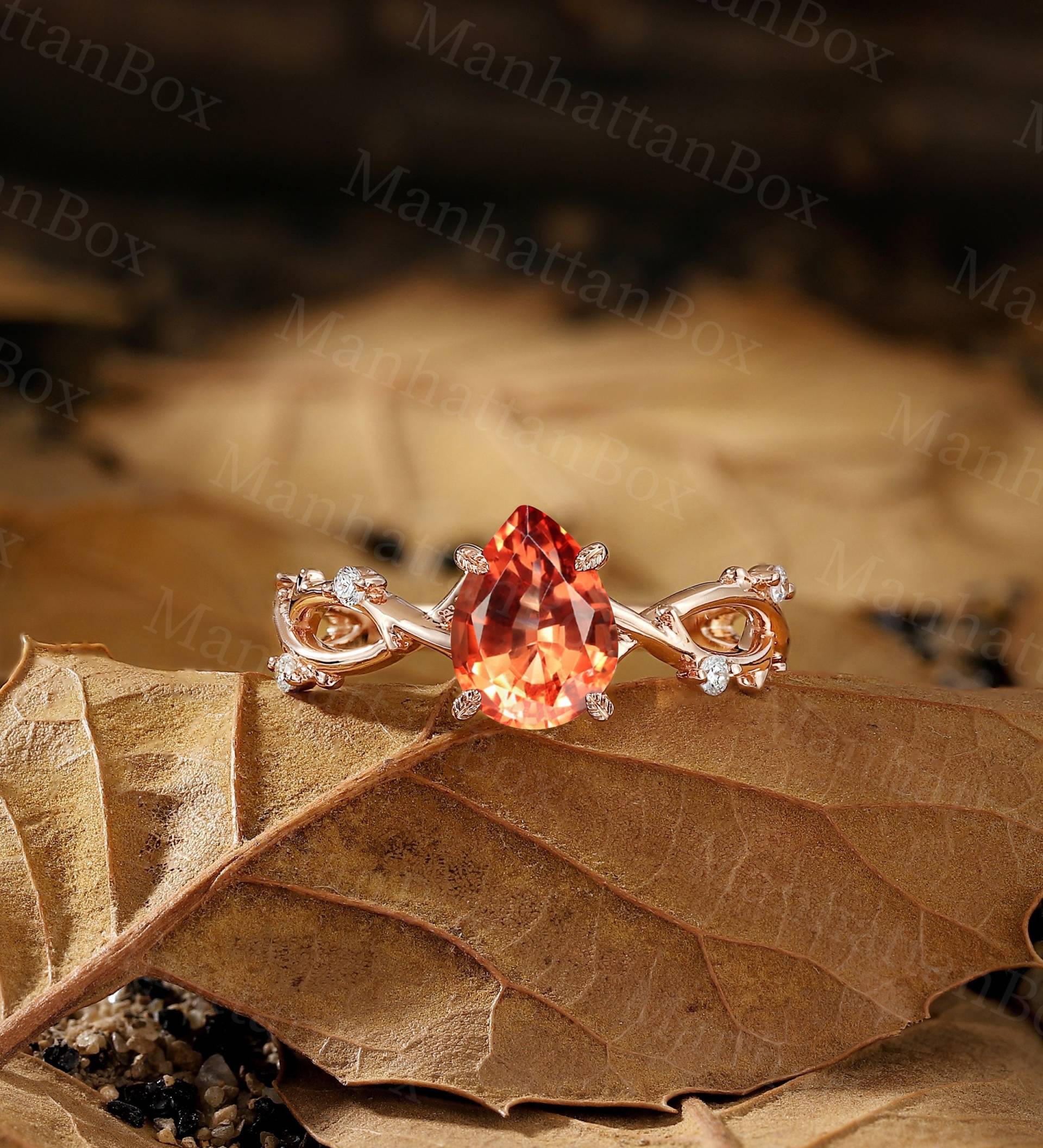 Antiker Birnenförmiger Sonnenstein Verlobungsring | Tropfen Roségold Ring|Zweige Design Ehering|Zinken Set Diamant Ring| Jubiläumsring von ManhattanBox