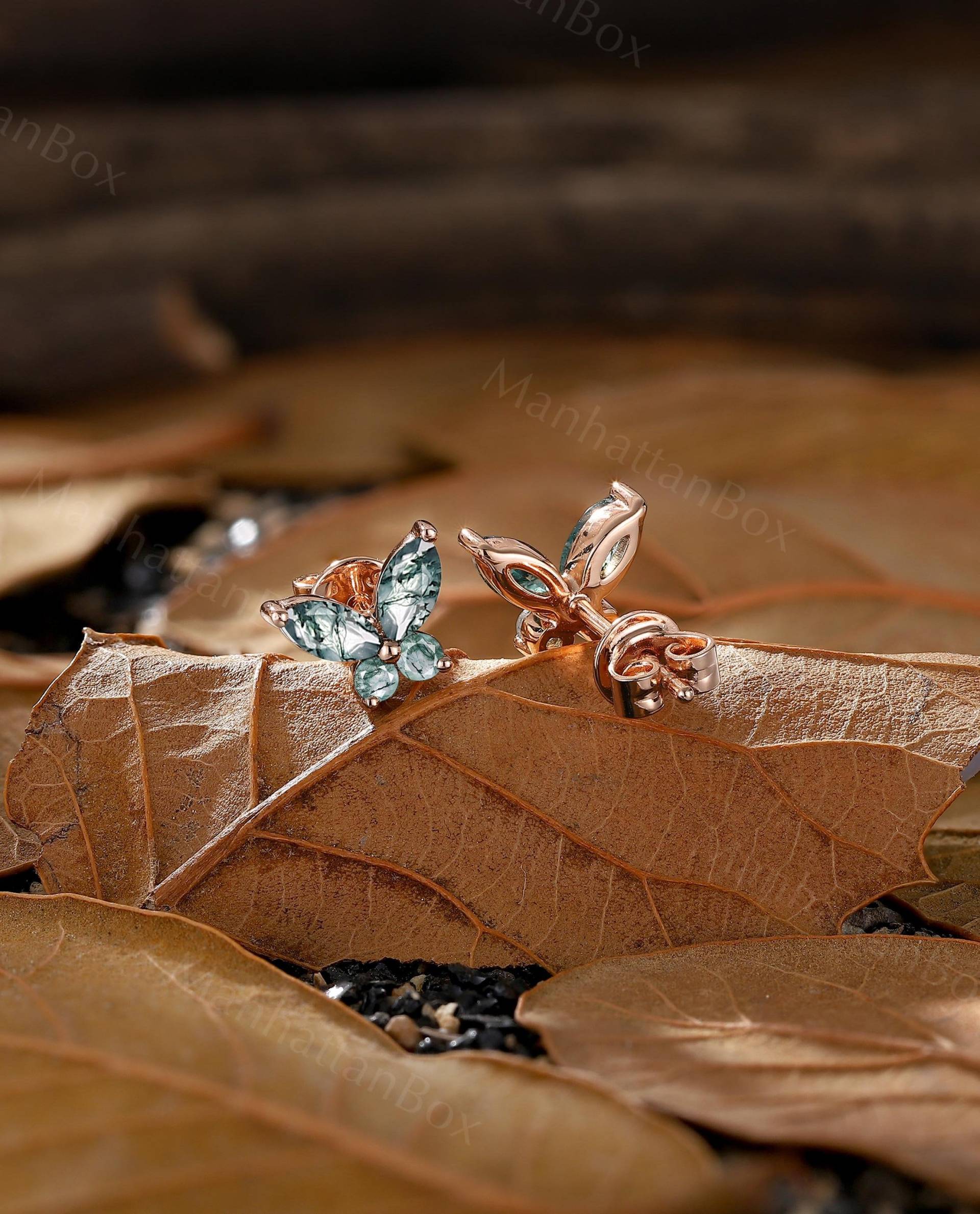 Art Deco Runder Moosachat Verlobungsring Zweig Roségold Band Blatt Diamant Ehering Einzigartiger Brautring Jubiläumsring von ManhattanBox