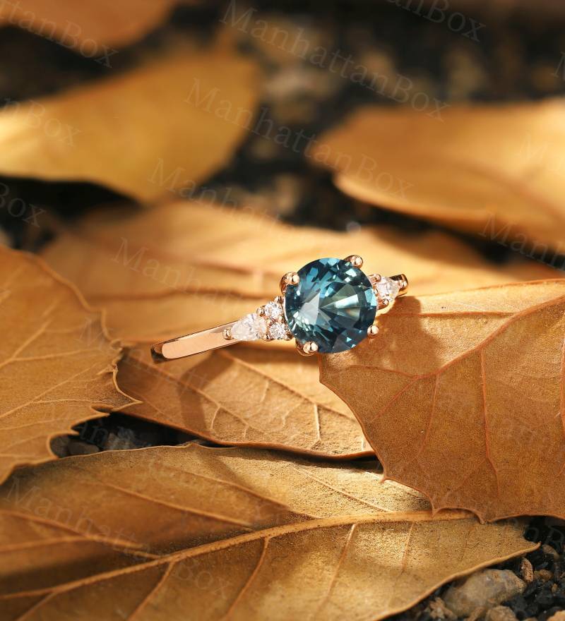 Rosegold Türkis Saphir Verlobungsring - Vintage Runder Ehering Mit Diamant Cluster Trauring By Manhattanbox von ManhattanBox