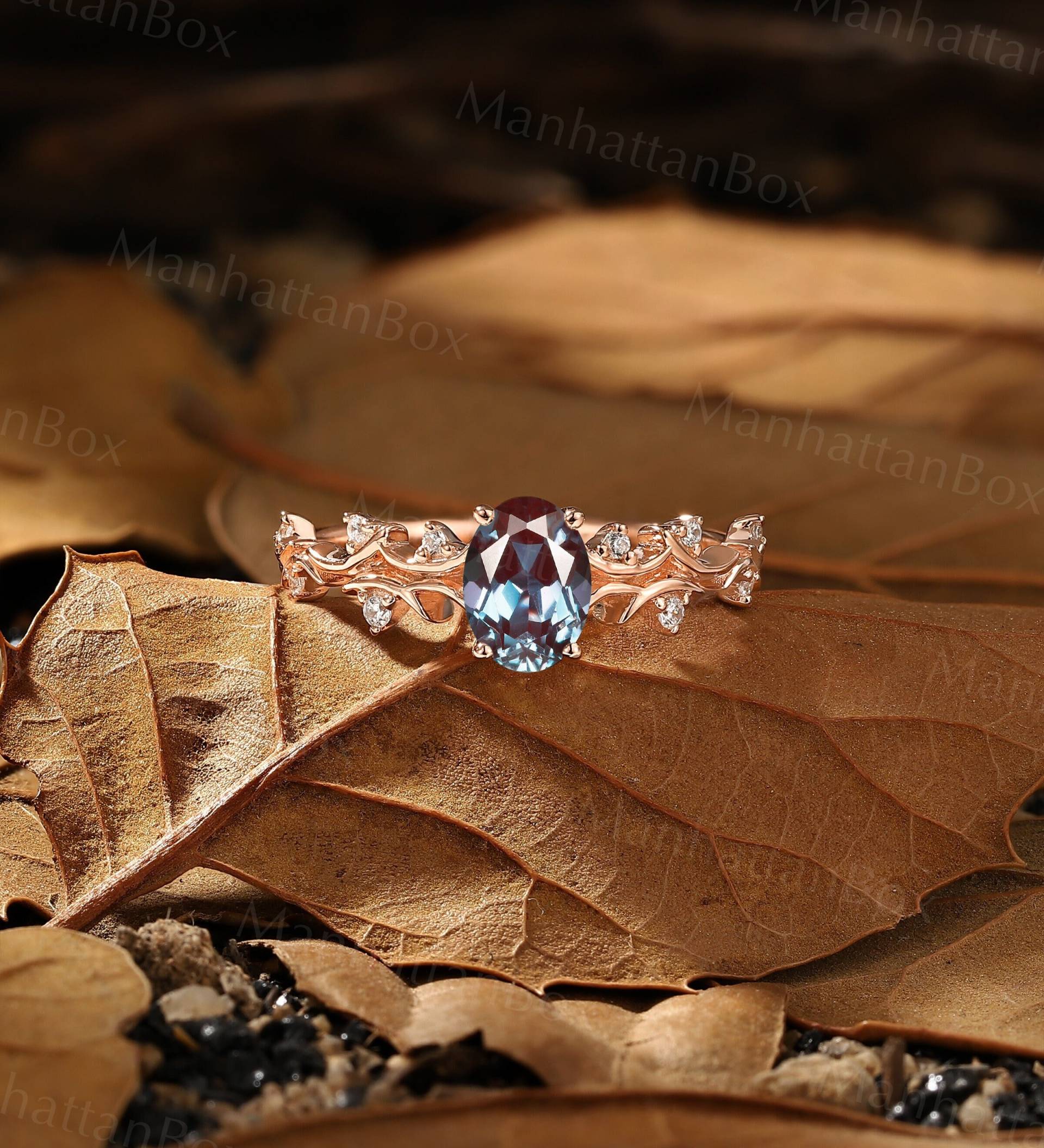 Natur Inspiriert Oval Cut Lab Alexandrit Verlobungsring Rose Gold Vintage Moissanite Zweig Design Ehering Einzigartiger Versprechen Ring von ManhattanBox