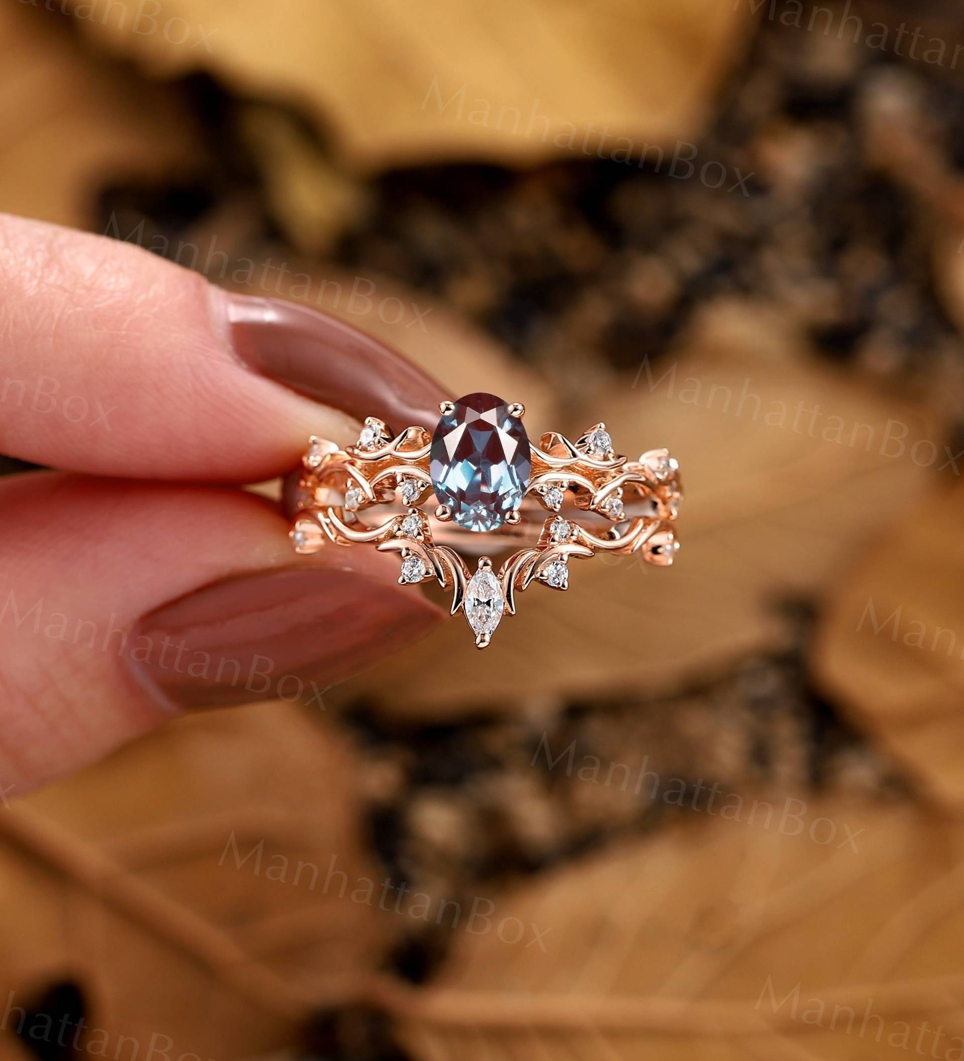 Natur Inspiriert Ring Set Oval Cut Alexandrit Verlobungsring Vintage Moissanite Rosegold Diamant Ringset Zweig Ast von ManhattanBox